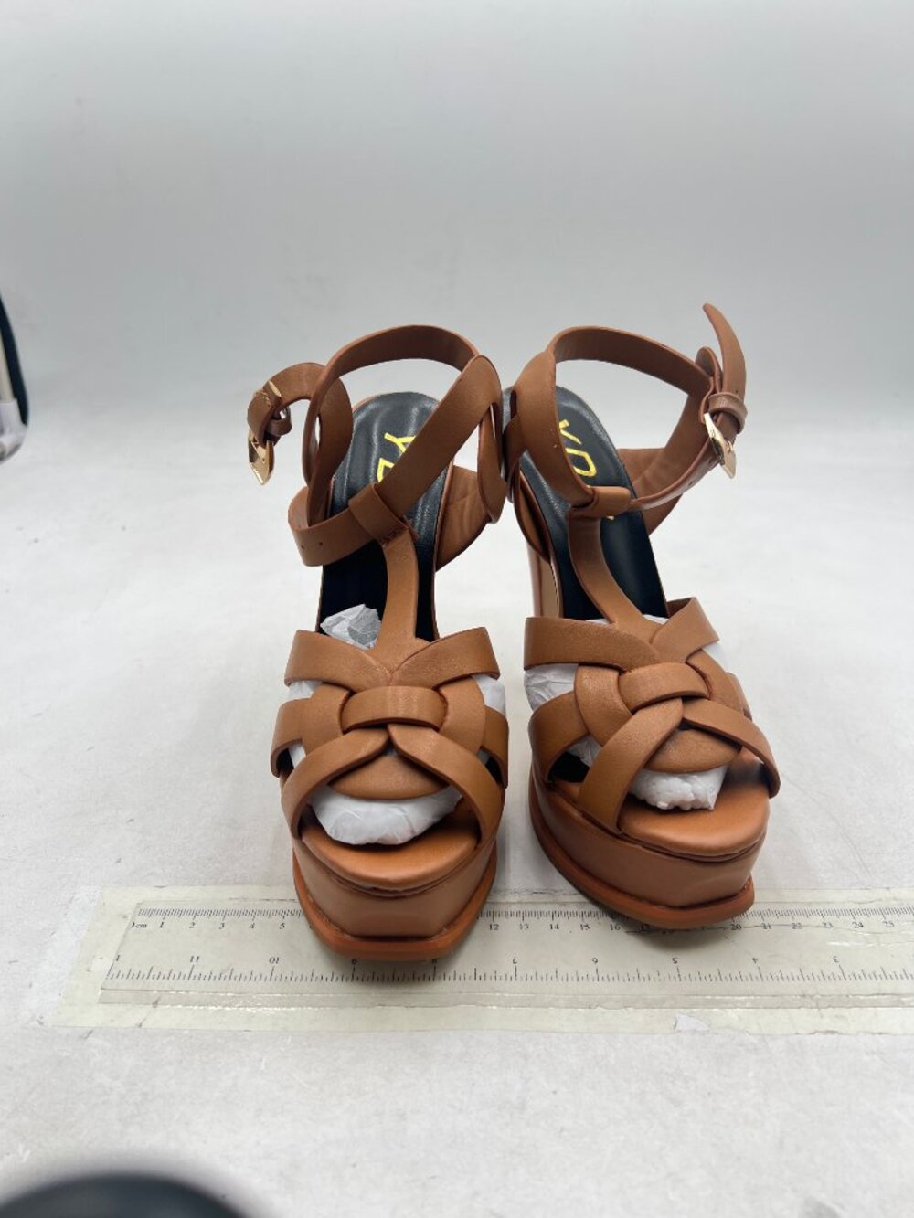 YDN Brown Strappy High Heeled Platform Peep Toe Stiletto Heels T-strap Sandals - Picture 2 of 7